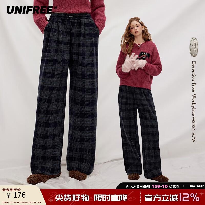 

UNIFREE Women s Plaid Fleece-Lined Wide-Leg Trousers M
