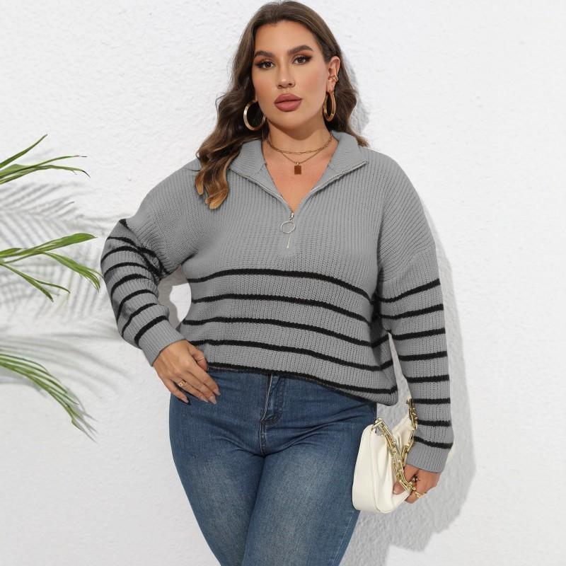 2026 Fall Winter Striped Knit Sweater Half Zip Mock Neck Loose Fit Casual Pullover Women