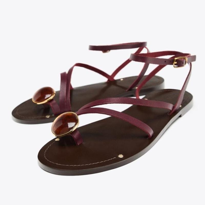 

Fashion Sparkle Rhinestone Decorate Brand Flat Sandals Women Elegant Ankle Buckle Metal Rivets Designer Shoes Sexy Clip Toe Flip Flops 42 коричневый