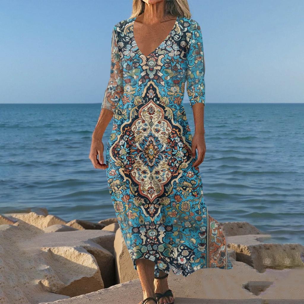 Dresses For Womens Vintage Print Tunic Waisted Midi Dress Summer Casual 3/4 Sleeve Dress