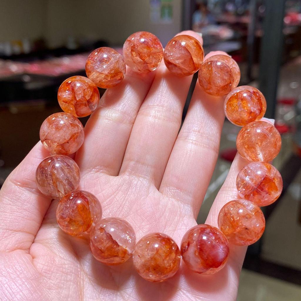 Natural Brazilian Red Phantom Quartz Beaded Bracelet with Floating Inclusions