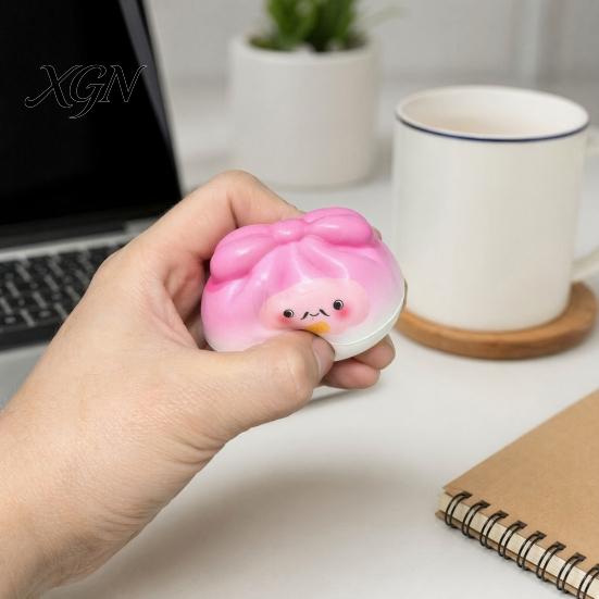 Portable Stress Reliever 12Pcs Cartoon Bow Dumpling Squeeze Toy with Steamer Box, Slow Rebound Decompression Steamed Bun Sensory Toy, Dough
