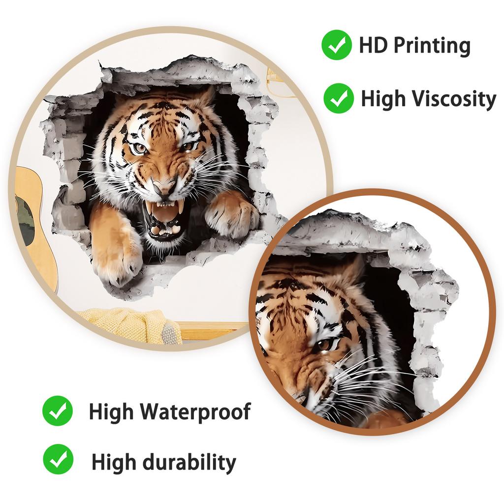 3D Tiger Wall Sticker Self Adhesive for Kids Room Entrance Home Decor Breakthrough Illusion Design