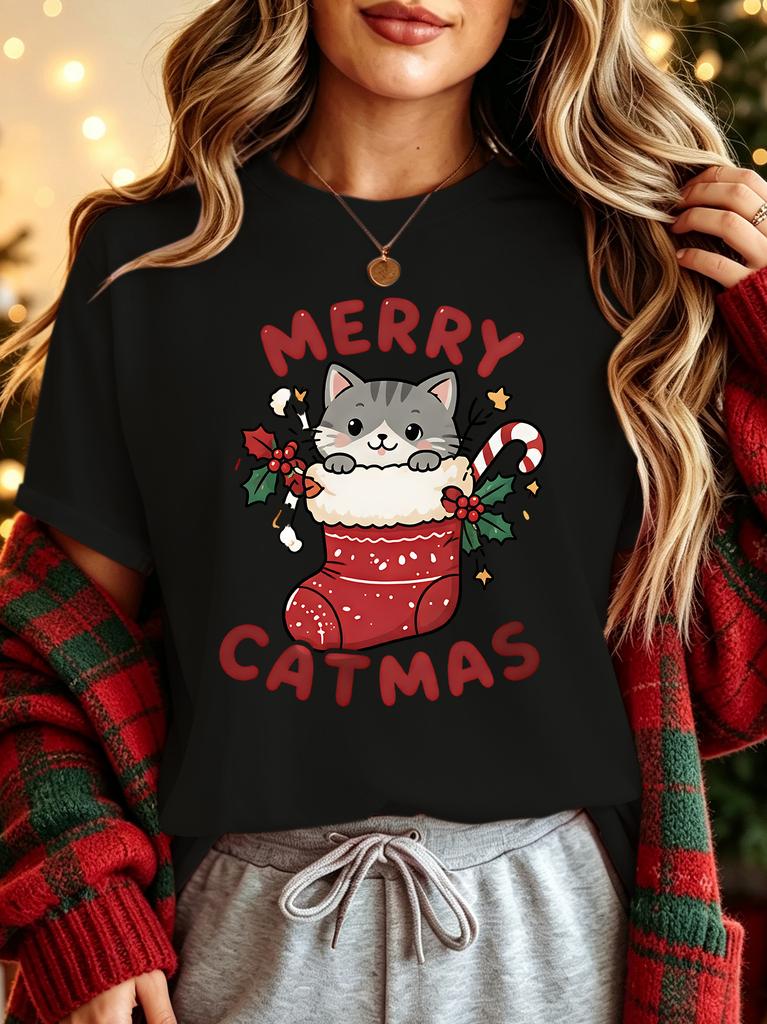 Merry Catmas Cat In Christmas Stocking Womens Crew Neck Short Sleeve T Shirt Candy Cane Holly Cute Xmas Graphic Tees For Ladies