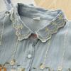 Soft Denim Shirt Flowers Vine  Embroidery Romantic Blouse Mori Girl
