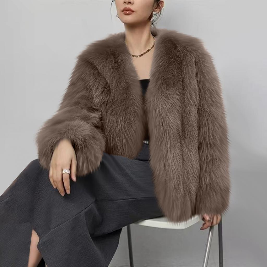 Women's Fashionable Warm Long Sleeve Solid-Color Furry Coat