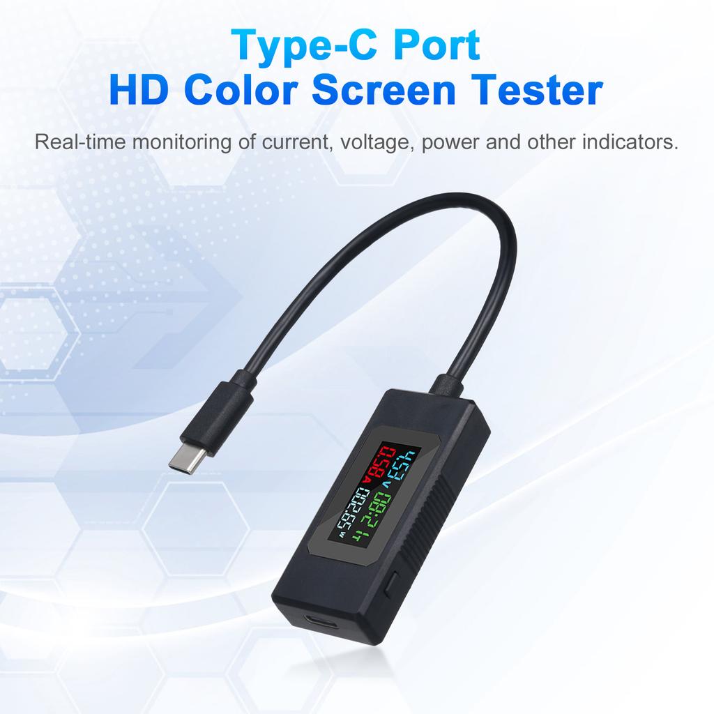 Voltage Meter Type-C Voltage and Current Meter 4-30V 0-6.5A 195W Type-C USB Voltmeter with Color LCD Display
