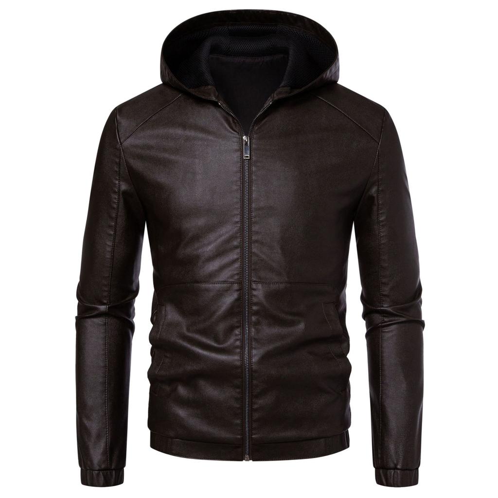 Pu Leather Men's Autumn and Winter Slim-fit Korean Version of The Handsome Hooded Motorcycle Jacket Plus Velvet Thick Leather Jacket Men's Jacket