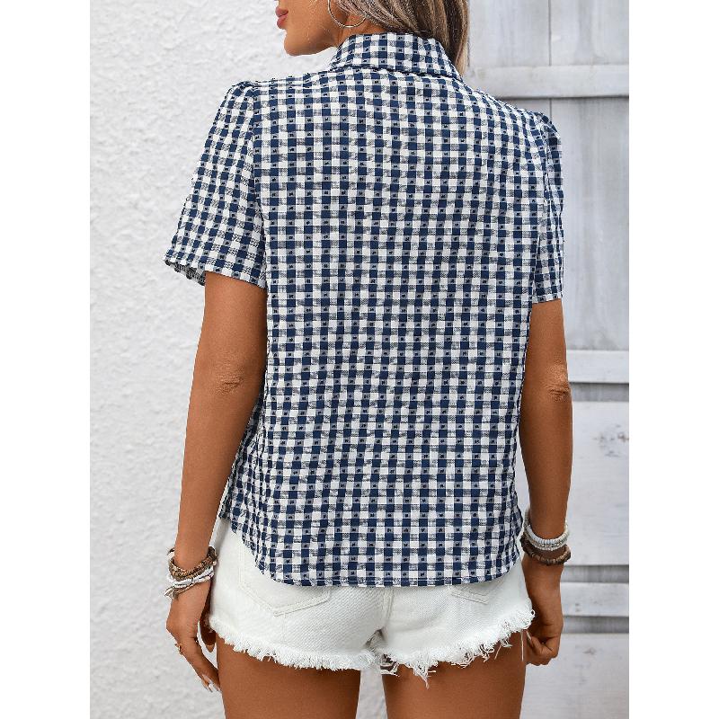 2026 Spring/Summer New Women's Loose Short-Sleeve Pocket Casual Plaid Shirt