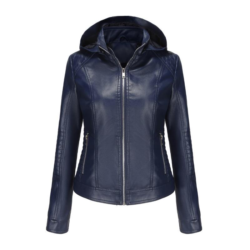Women's Spring and Autumn Hooded Leather Jacket Women's Removable Hat Windproof Jacket Short Casual Jacket
