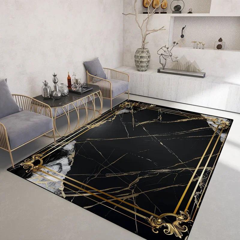 

Light Luxury Black Gold Rugs for Living Room Marble Style Decoration Coffee Tables Carpet Non-slip Bedroom Soft Mats Washable 60*90cm