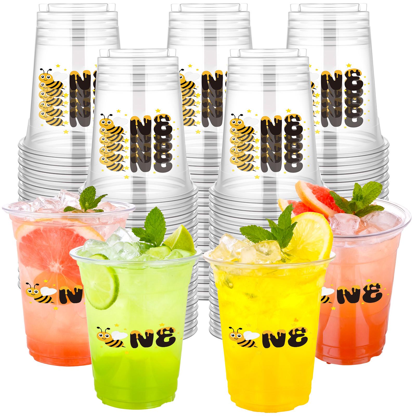 100Pcs Bee 1St Birthday Plastic Cups 12Oz Bee Themed 1St Birthday Party Decoration Be E Baby Shower Clear Cups Bulk Cold Beverag