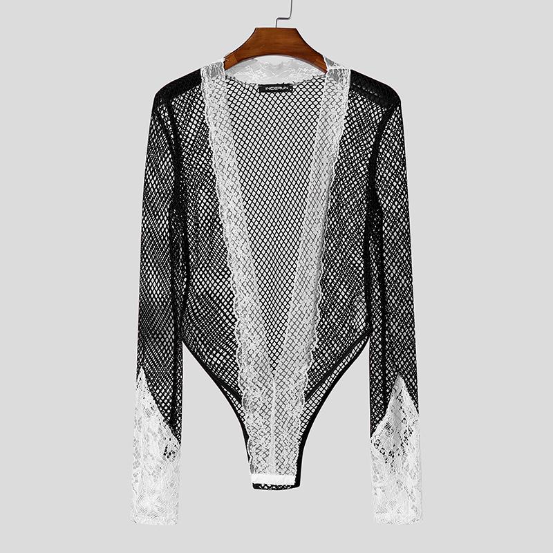 Men Long Sleeve Lace Patchwork Mesh See Through Party Bodysuits Jumpsuits Home Wear