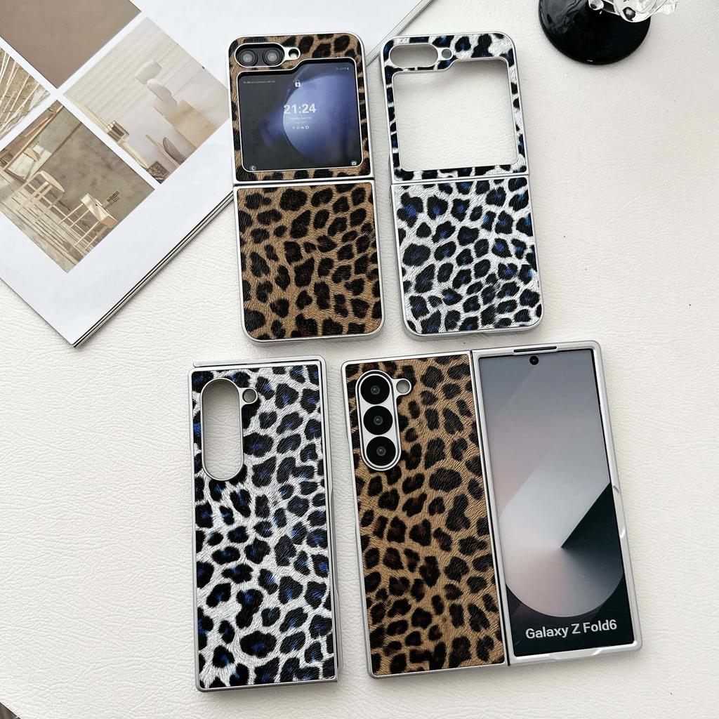 Silver Border Leopard Print Phone Case for Samsung Galaxy Z Fold 7 6 5 4 3 Fold7 Fold6 PU Leather Protective Cover