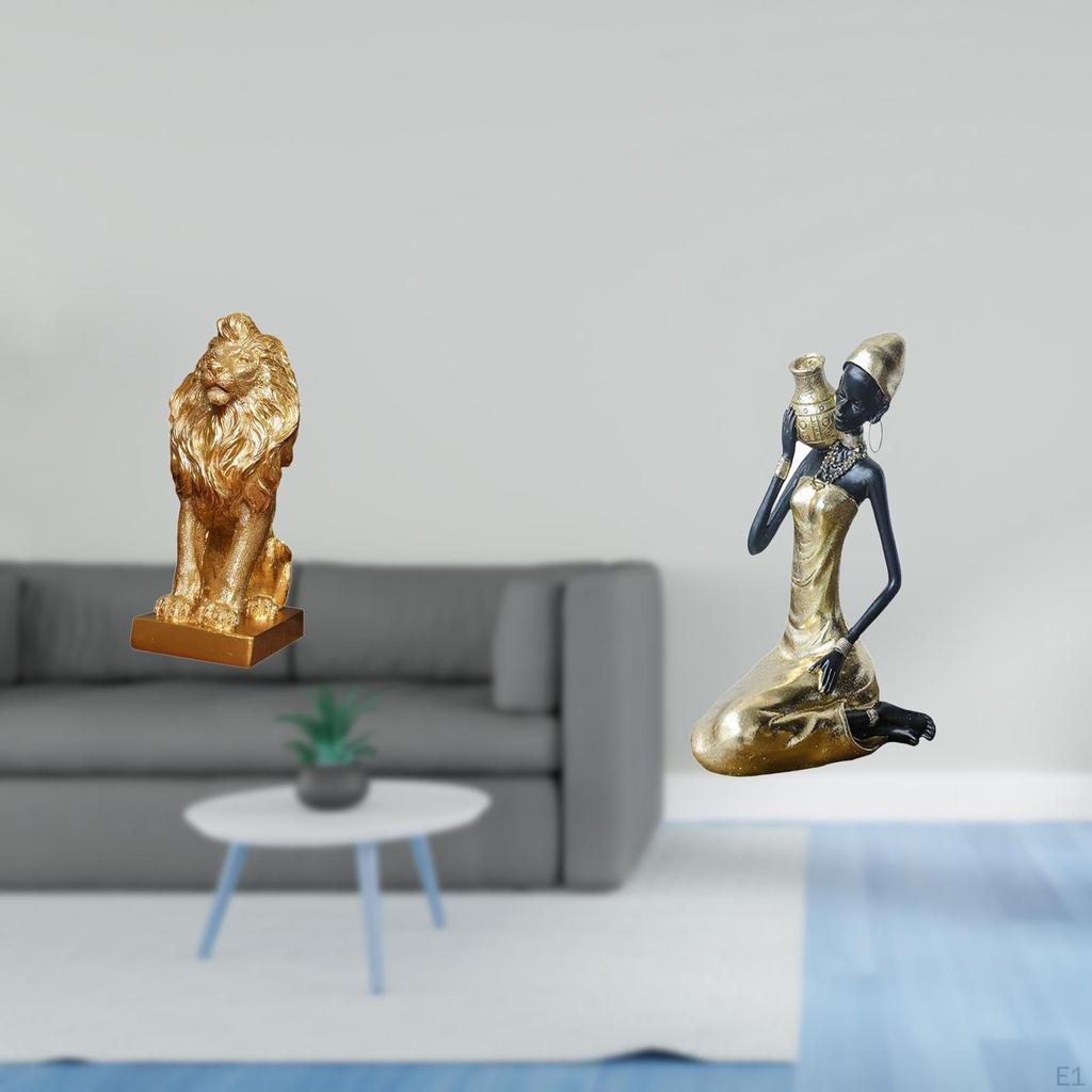 Majestic Lion Sculpture And African Tribal Lady Statue Collectible Art Figurine Decorative Tabletop