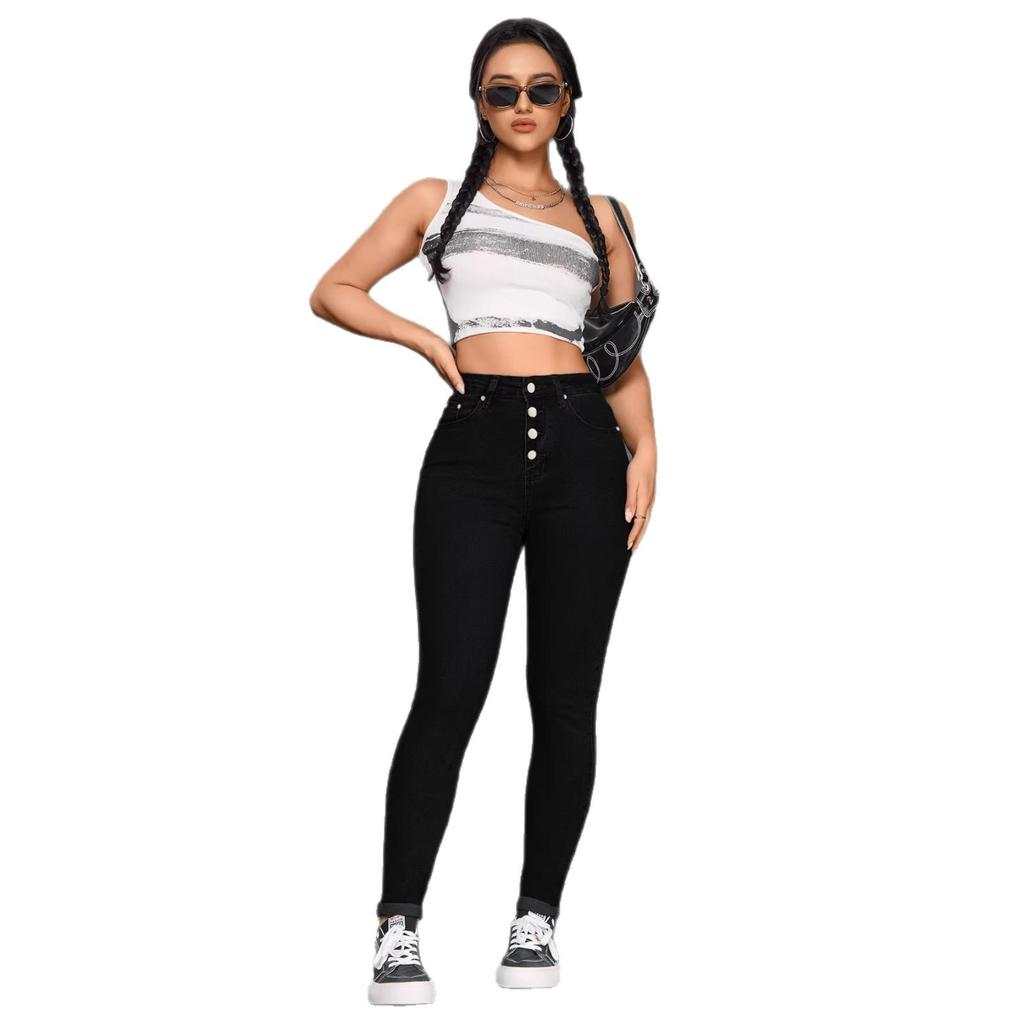 Jeans Donna Vita Alta Vestibilità Slim Fit Denim Elasticizzato, Nero, Taglia Europea