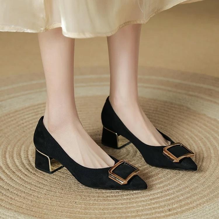Fashion Pointed Toe Shoes for Women Work Career Office with Medium Heels Black Woman Footwear Metal Decoration Square E Korean Style