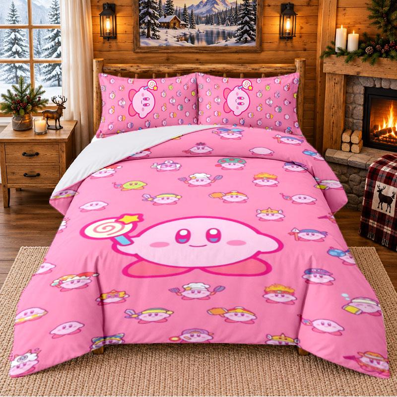 Kirby Pattern Bedding 3Pcs Set Bed Sheet And Pillowcases For Indoor Bedroom