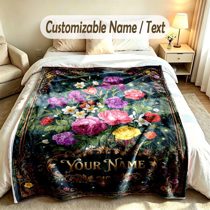 Floral Garden Theme Soft Blanket Personalized Custom Name Text Print Warm Blanket Home Sofa Bedroom Decor