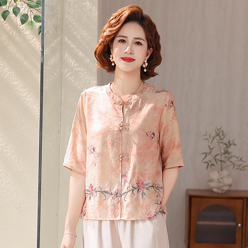 2026 New Style High-End Chiffon Mid-Sleeve Summer Top for Moms: Elegant Thin Design for Middle-Aged and Elderly Women