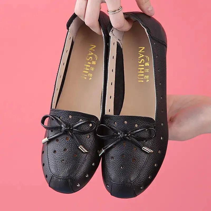 Fashion Round Toe Bow Flat Shoes Woman  Autumn Mother Breathable Comfortable Soft Leather Casual Shoes Zapatillas Mujer