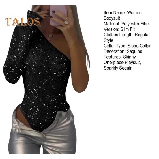 Women Sexy Sequin Bodysuit Long Sleeve One Shoulder Tube Top Jumpsuit Ladies Skinny One Piece Romper Playsuit for Parties Clubs Bars