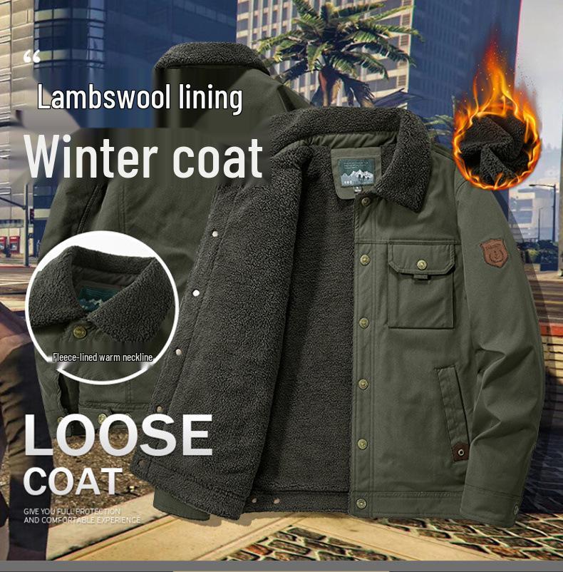 Men's Winter Lamb Wool Lined Casual Jacket - Warm, Middle-Aged Style, Plus Velvet Thickness