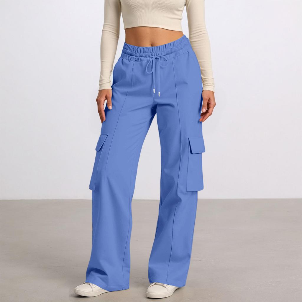 Women's Casual Fashion Solid Color Elastic Waist Drawstring Workwear Wide Leg Pants With Pockets