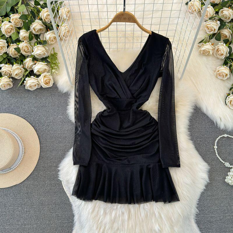 

Ruched Sexy Low Cut Open Back A- line Dress Mesh Black M