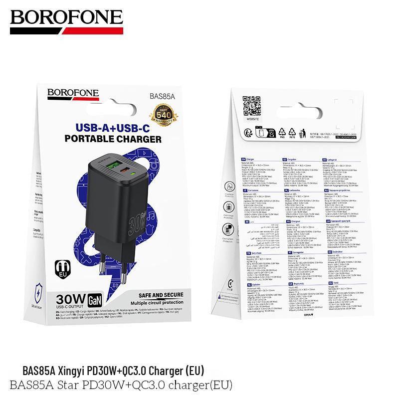 

BAS85A Dual Port Fast Charger: PD30W & QC3.0 with Dual Type C EU Round Pin Plug PD30W EU Standard
