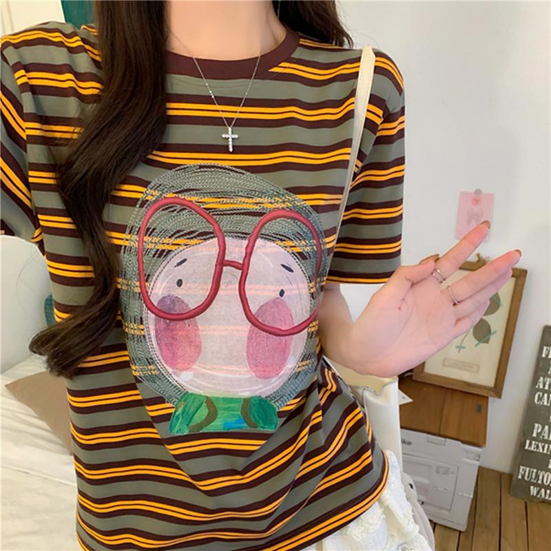 Vintage Cartoon Print Stripe Casual Loose Basic T Shirt 2025 Summer Short Sleeve Simple T-shirts for Women Harajuku Kawaii Funny Student Tshirt