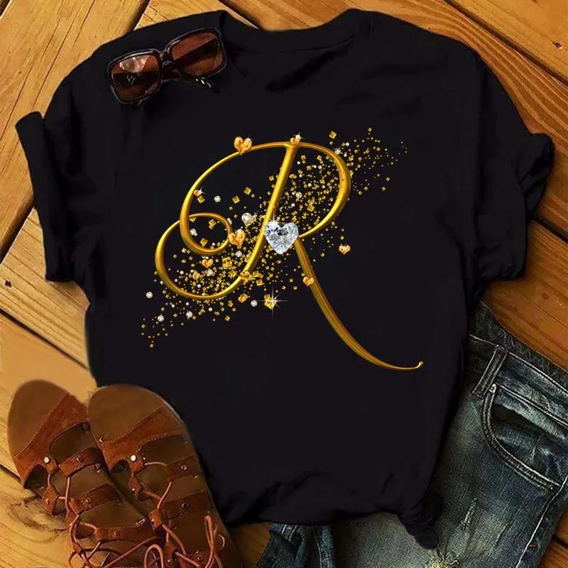 Custom Name Letter Combination Fashion Women T-shirt Diamond Gold Letter Font Short Sleeve Tops Black T-shirt