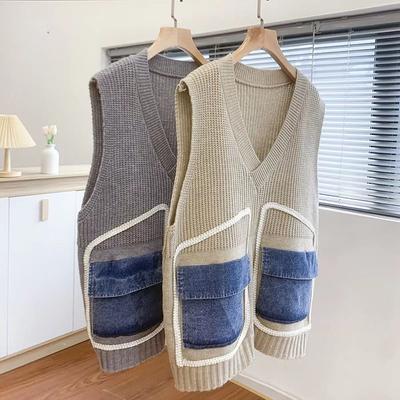 Gilet tricoté pour femme, sous-vêtement surdimensionné, haut sans manches, pull ample, épais, décontracté, col rond