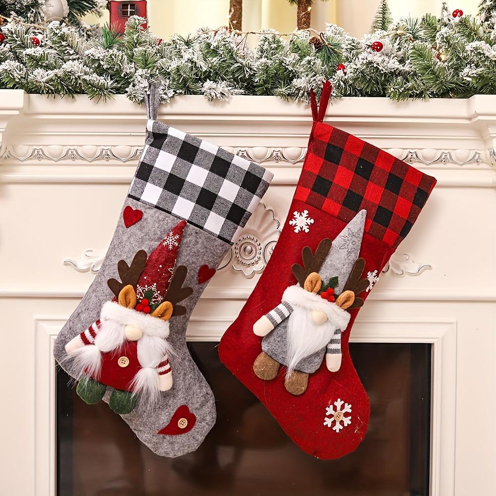 1pc Festive Christmas Stocking with Plaid Trim Cartoon Gnome Design, Perfect for Tree Fireplace Decorations