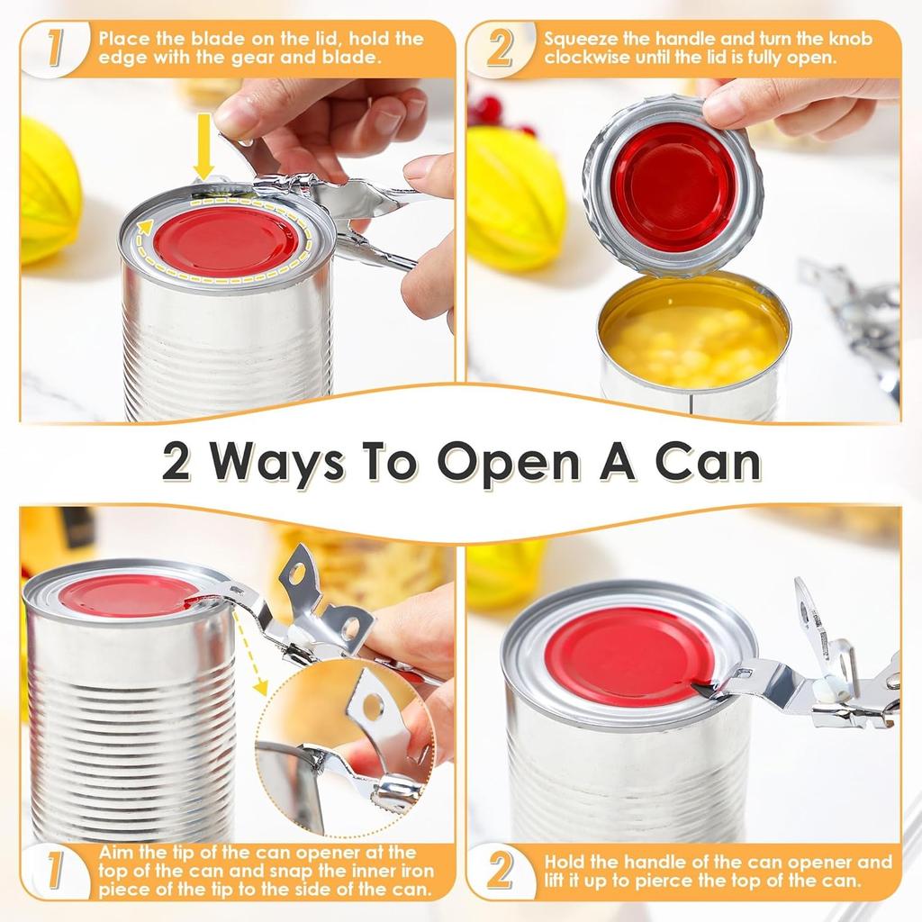 2 Pack Can Opener Manual, Safety Commercial Smooth Edge Can Opener, Heavy Duty Stainless Steel Hand Held Canned Open, Small Side Cut Abrelatas