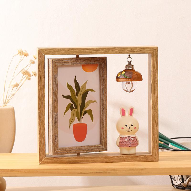 6-Inch Modern Double-Sided Rotating Wooden Photo Frame & Album with Wood Carving Ornament