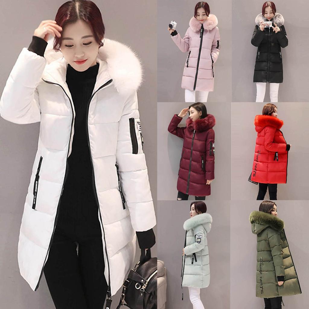 Women's Fashion Big Hair Collar Slim Waist Long Down Cotton Jacket Cotton Coat