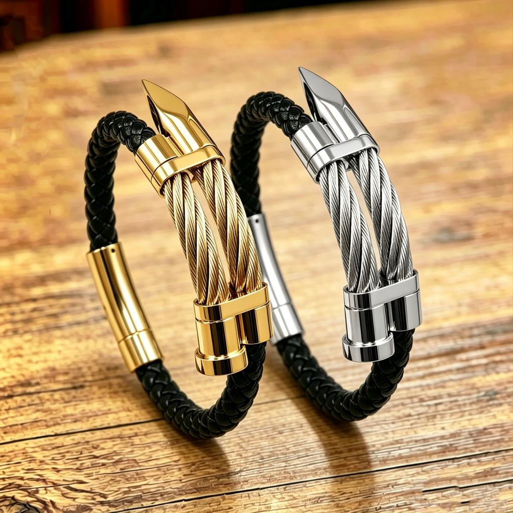 Men's Wire Braided Leather Rope Bracelet Nail Bracelet