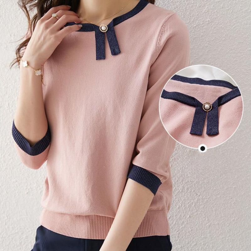 With Silver Outfit Spring Contrasting Onion Design Asymmetric Knitted Shirt With Seven Inch Sleeve Hooded Head For Women