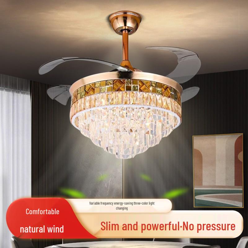 European Light Luxury Crystal Ceiling Fan with Invisible Blades for Living Room, Bedroom, and Restaurant.