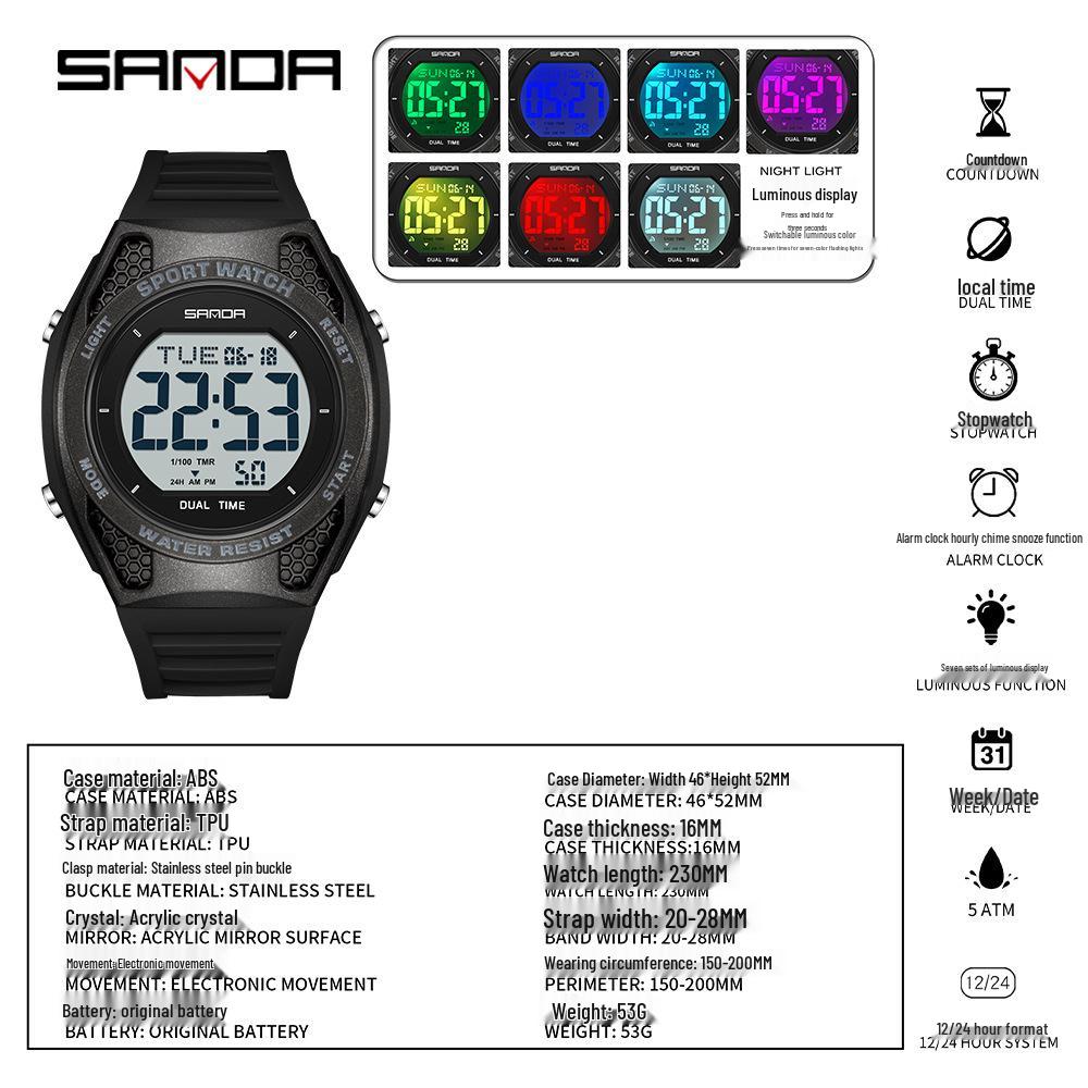 Sanda Multi-Function Waterproof Sport Watch with Alarm & Seven-Color Luminous Display