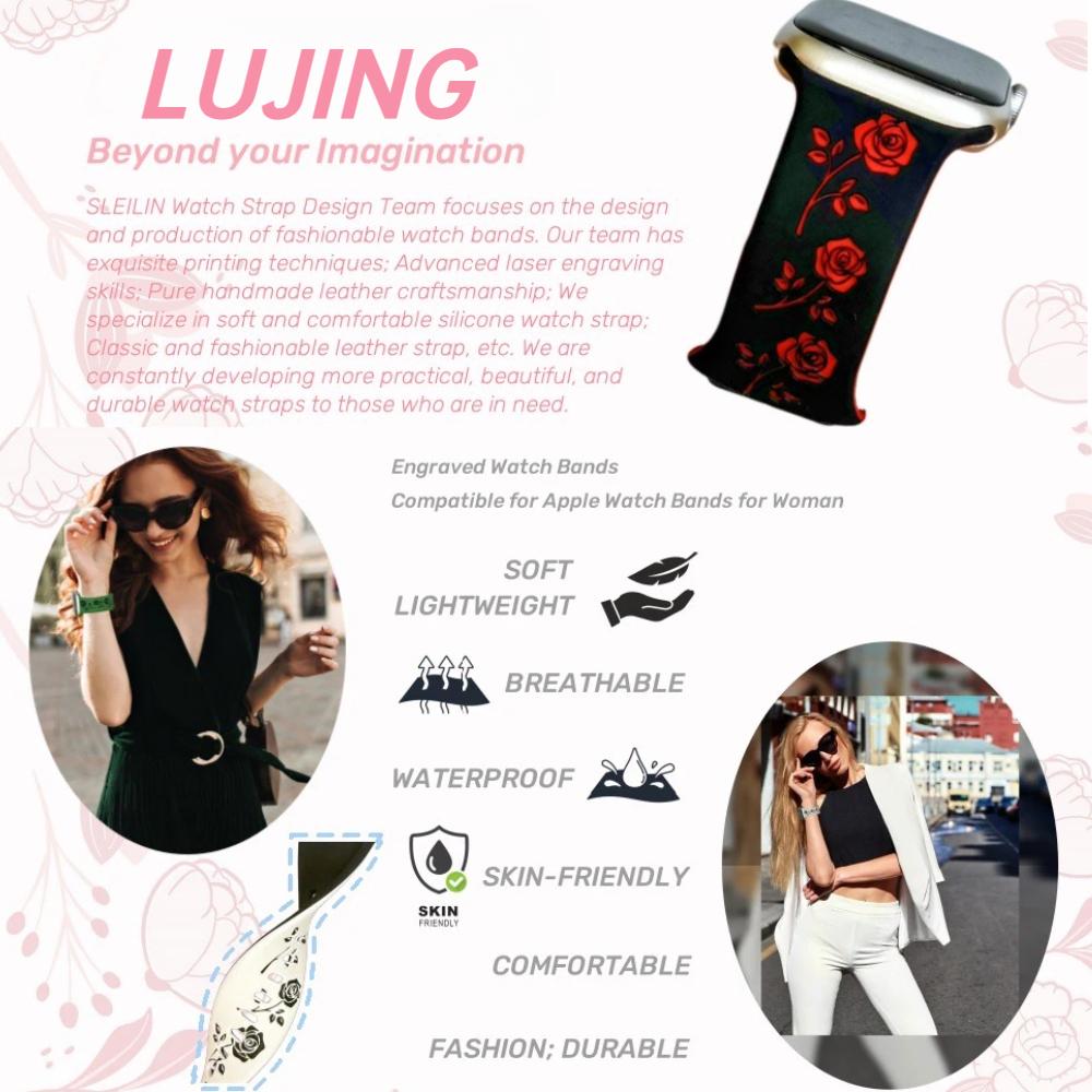 Two-Tone Flower Engraved Watch Band 46mm Compatible with Apple Watch Series 10 42mm 38/40/41/44/45/49mm for Women Rose Flower Soft Straps