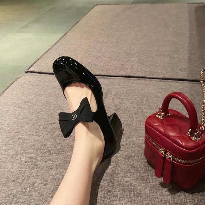 Whole cowhide~ French bow leather thick heel high heels women's small fragrant Mary Jane single shoes small leather shoes ladyshoes