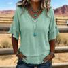 2026 Summer New European and American Style Loose V-neck Beard Edge Short-sleeved T-shirt Women's Solid Color Casual Top Cross-border Women's Clothing