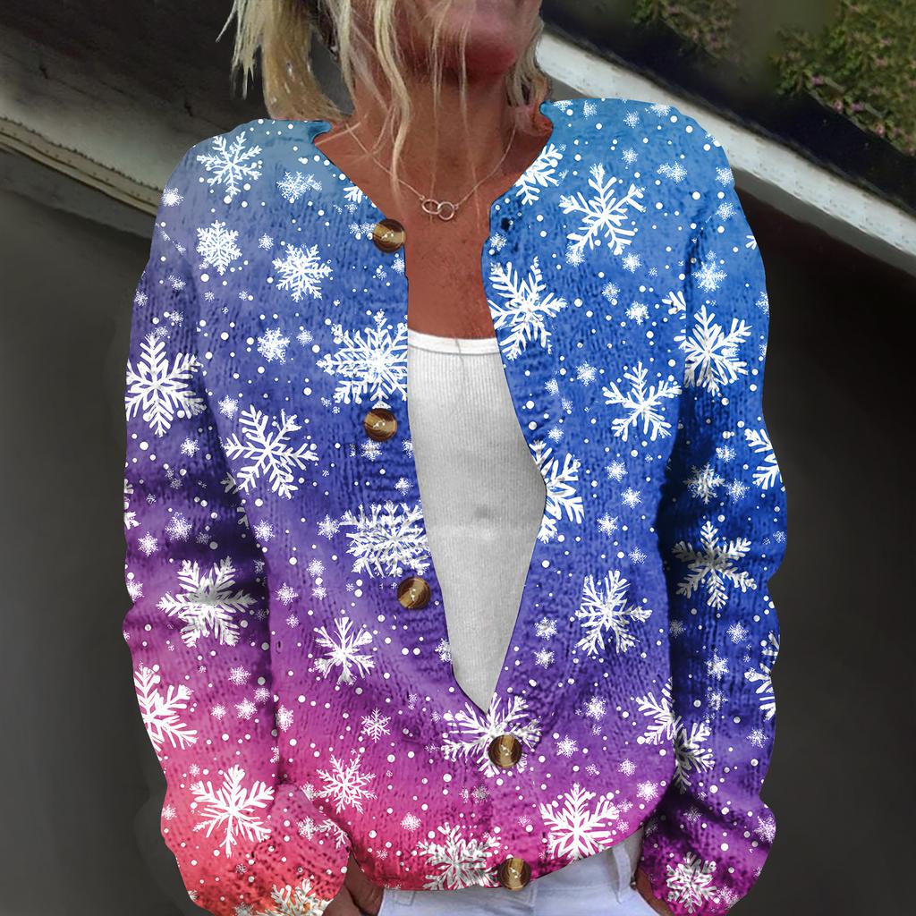 Damemote juletrykt langermet strikket cardigan-jakke med knapp