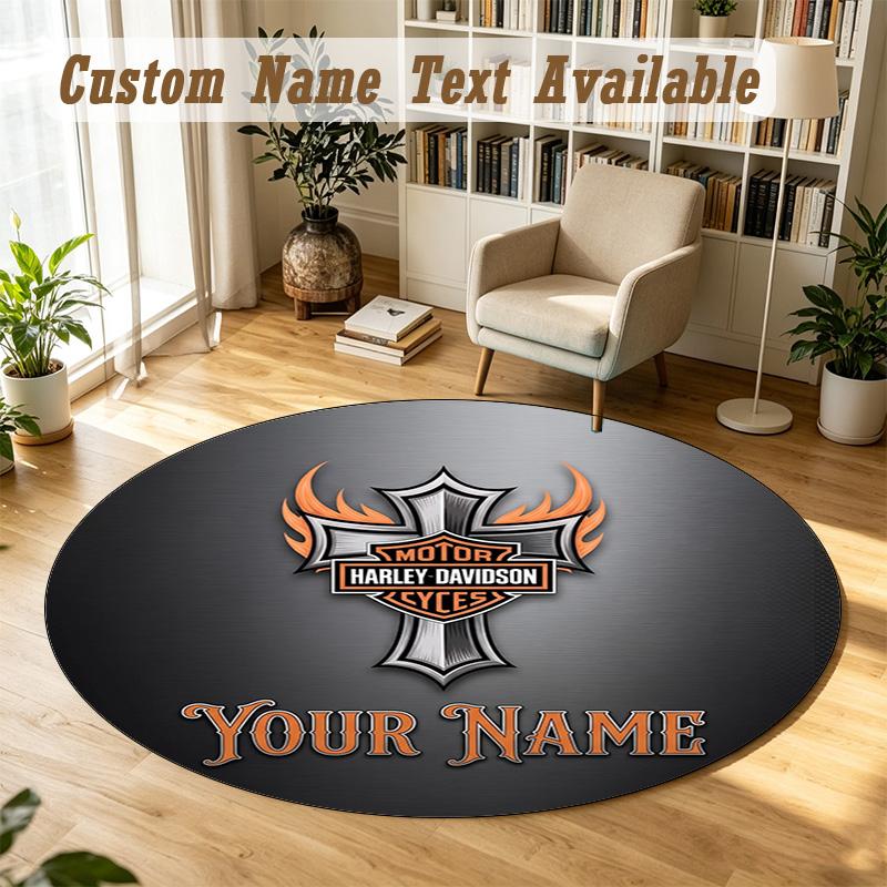 Round Rug Custom NameHarley-Davidson Pattern Non Slip Carpet Home Floor Decor