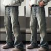 Mens Washed Distressed Denim Jeans With Bamboo Stripe Slightly Flared Loose Fit Retro Streetwear Style