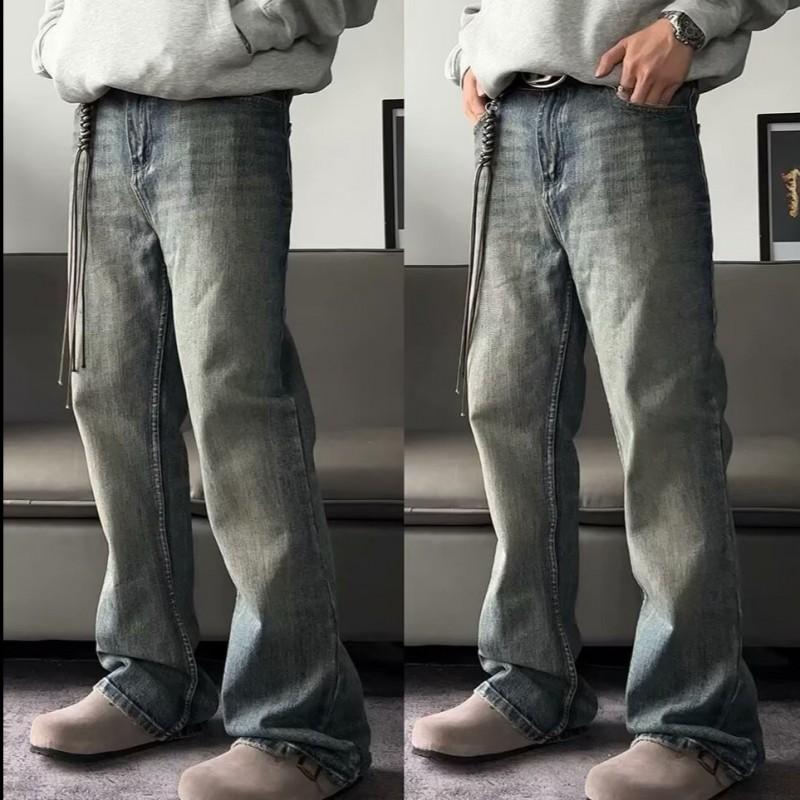 Mens Washed Distressed Denim Jeans With Bamboo Stripe Slightly Flared Loose Fit Retro Streetwear Style