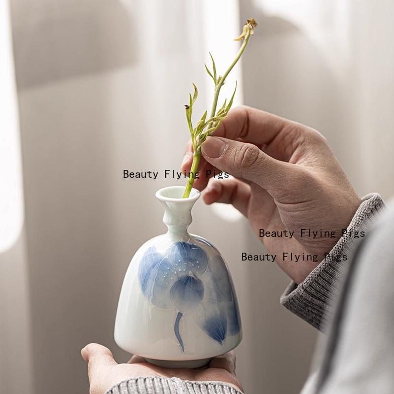 Ceramic Hand-painted Small Flower Vase Flower Planter Mini Bottle Mouth Vase Home Decoration Desktop Decoration Chinese Style