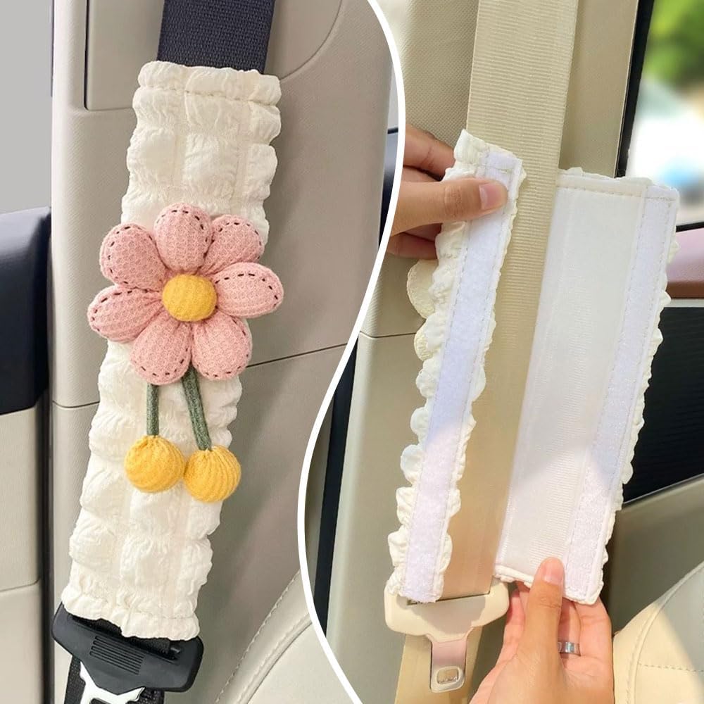 2 Pack Car Seat Belt Cover Pads, Soft Seat Belt Shoulder Pad with Petals, Cute Floral Car Seatbelt Covers Protector for Women Girls, Universal Fit